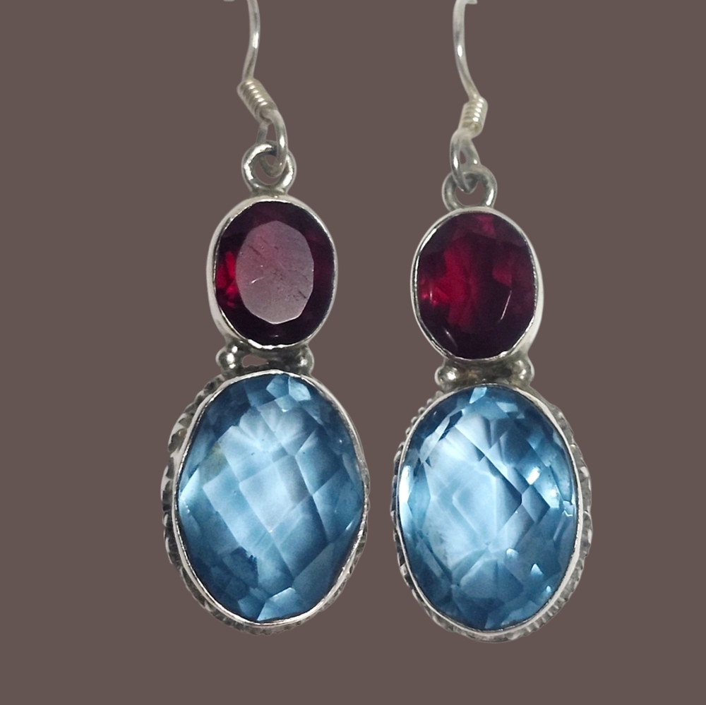 Garnet Topaz Silver Dangle Earrings 1.75"